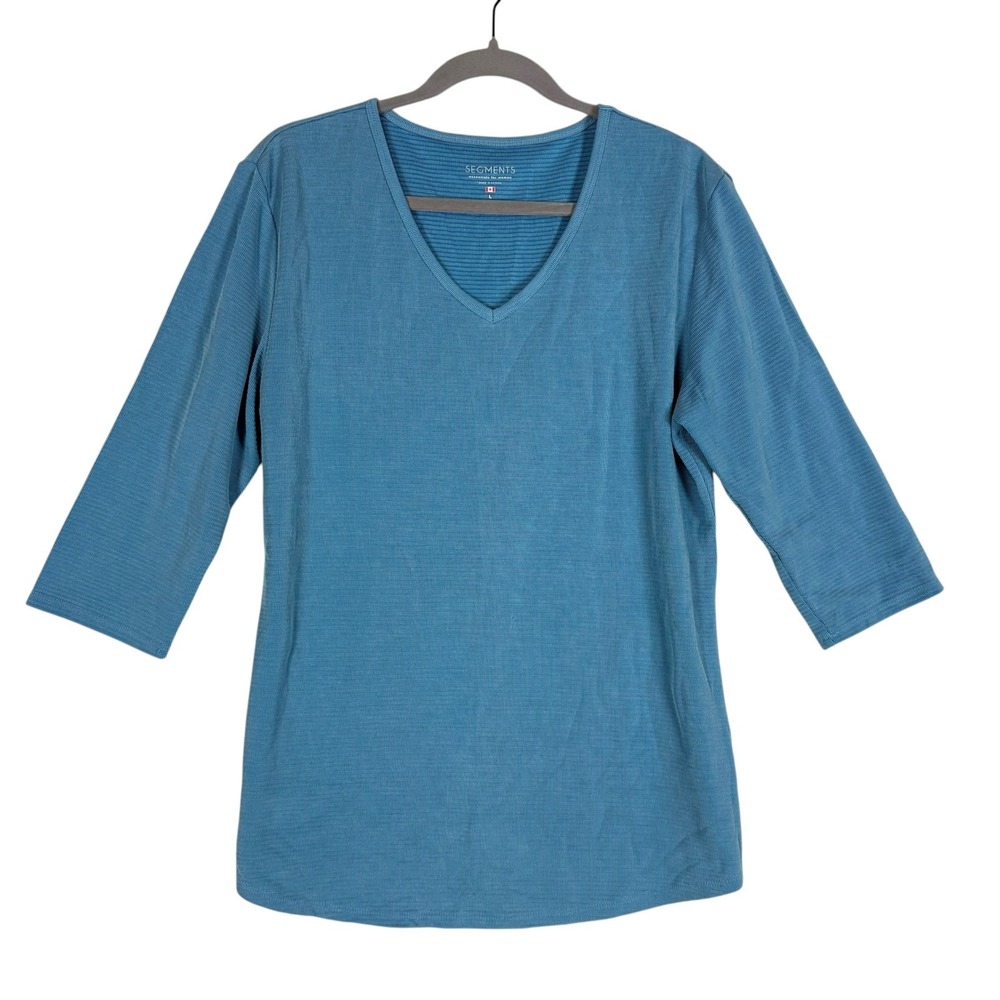Segments Shirt Womens Large Blue V Neck 3/4 Sleeve Stretch Knit Tunic Top
